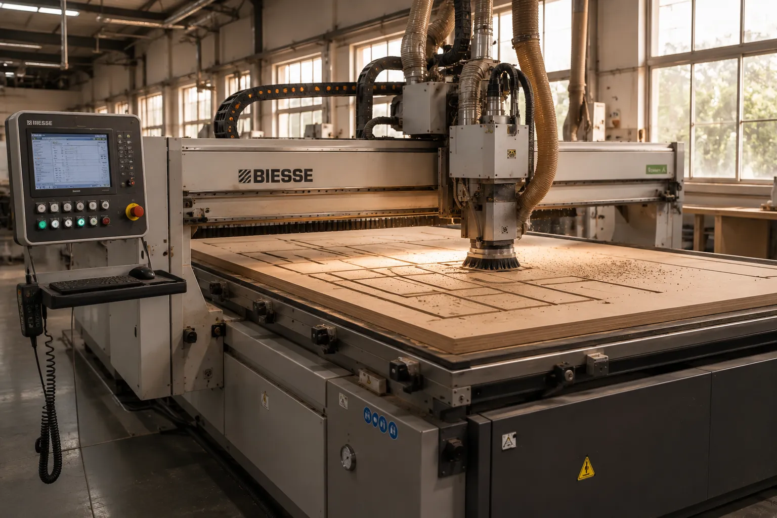Industrial CNC nesting router cutting shapes into a large laminated panel