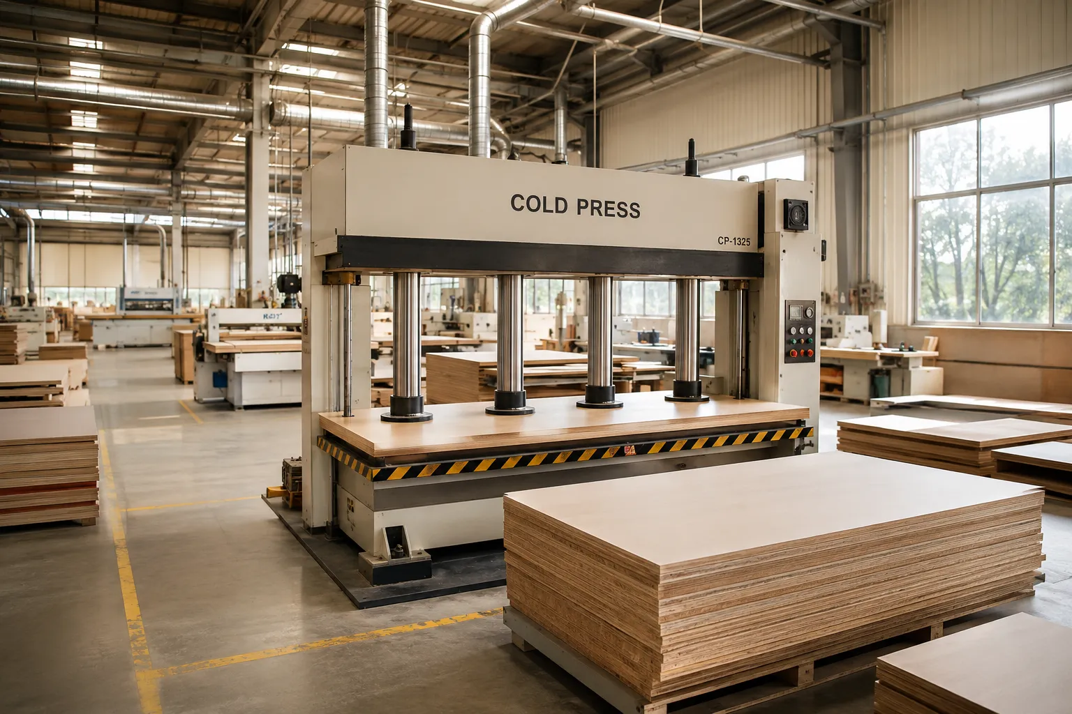 Hydraulic cold press clamping a large laminated board flat