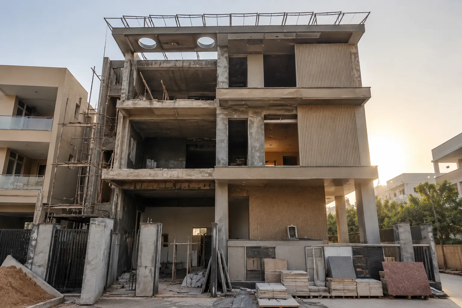 Luxury residence under construction with visible structural frame and facade development