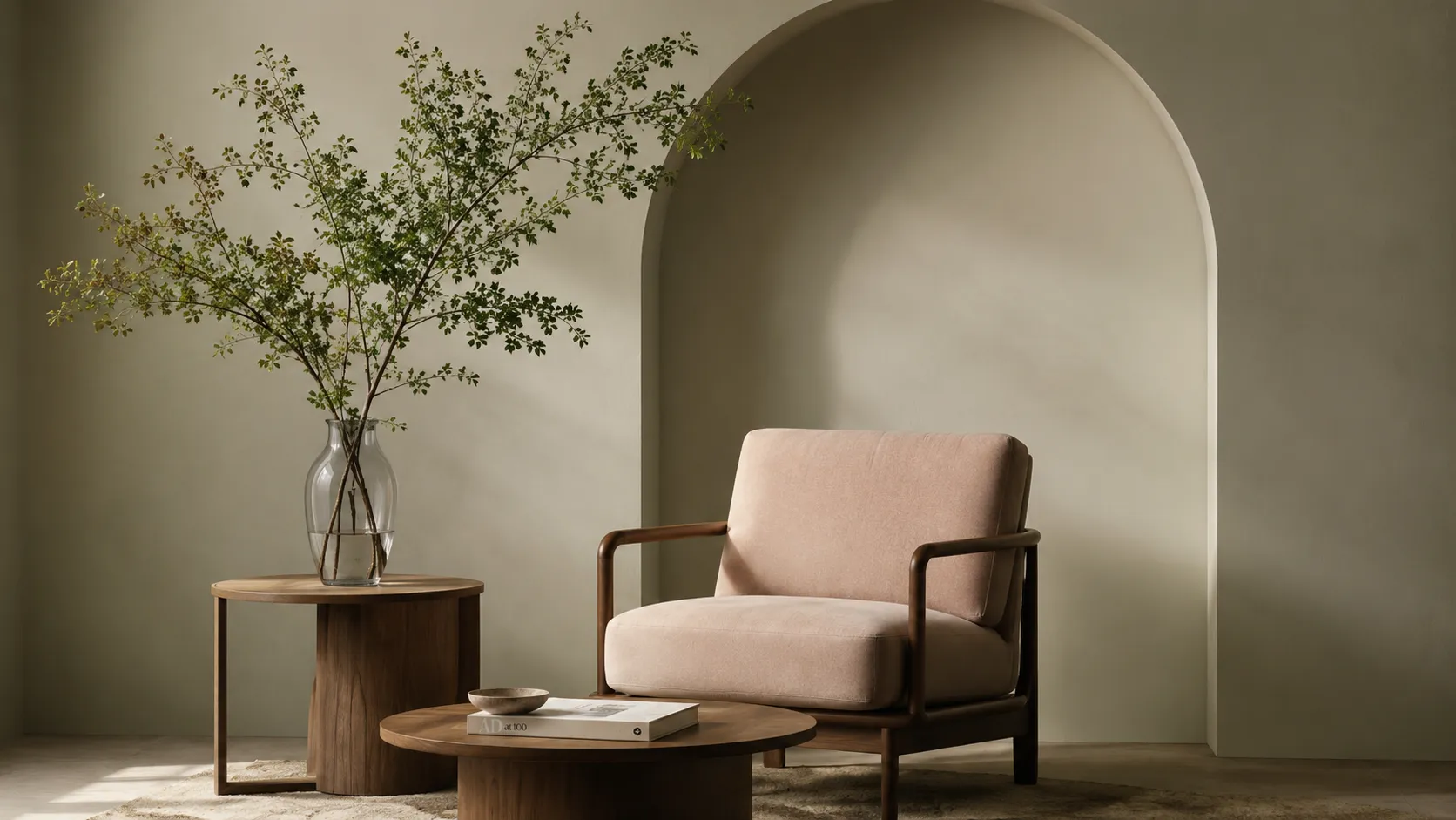 Soft olive-toned interior vignette with an upholstered lounge chair, round timber tables, and a sculptural arched niche