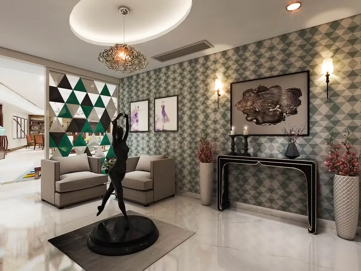 Duplex penthouse foyer with feature ceiling, console, and statement wall treatment