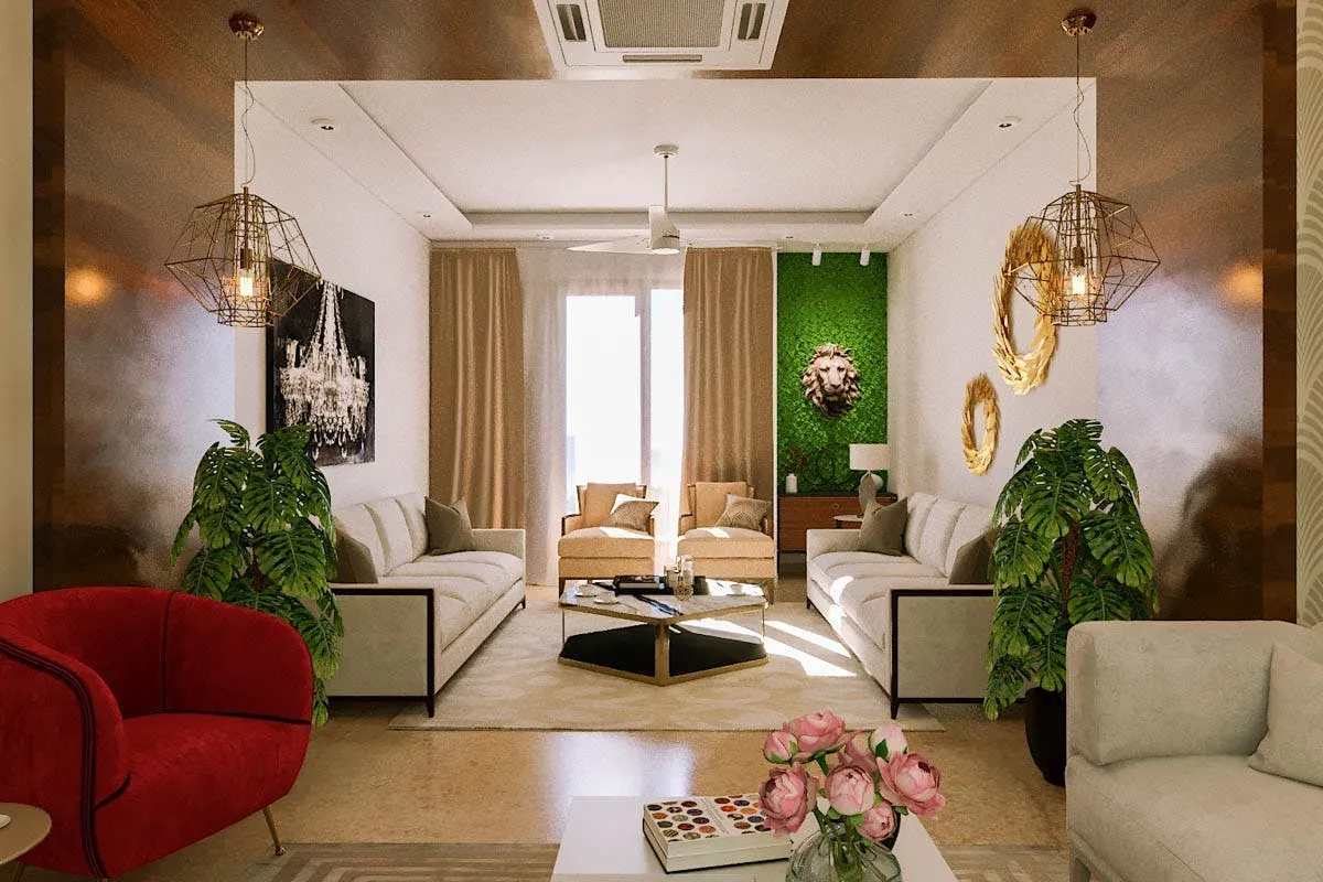 Saket residence living area with warm finishes and tailored seating