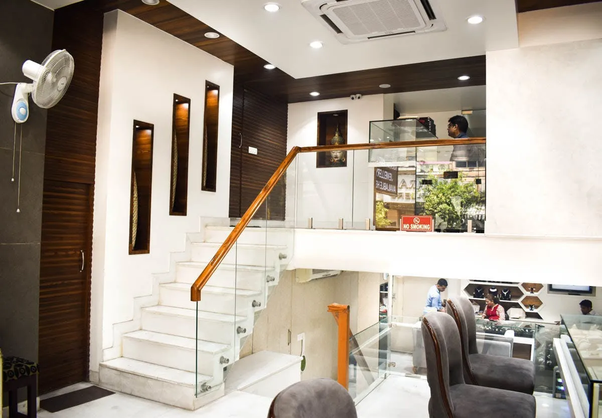 Jewellery showroom interior in Delhi with display counters and warm lighting