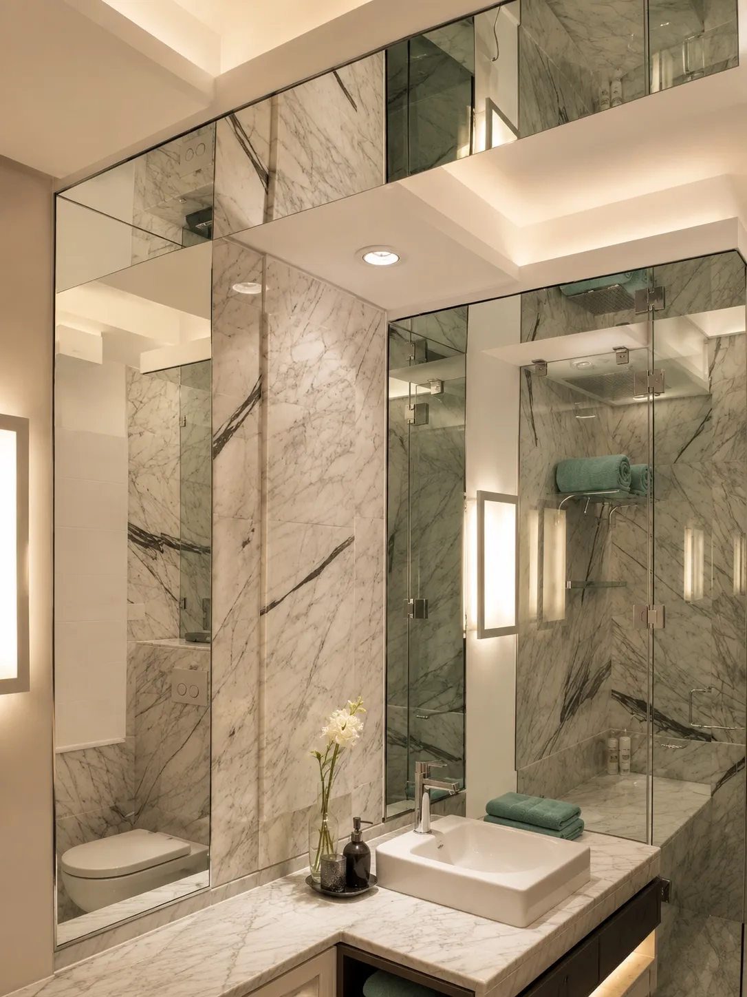 Master bathroom with book-matched veined marble, mirrored cabinetry, and a frameless glass shower