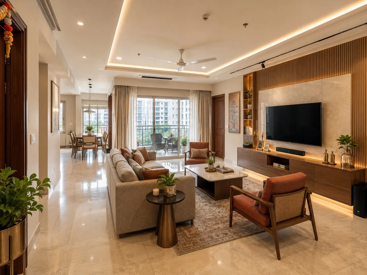 Spacious open living room with a large beige sofa, terracotta cane armchairs, a marble-top coffee table, a stone-and-fluted-wood TV wall with a floating console, and a six-seater dining table by balcony windows with a city view