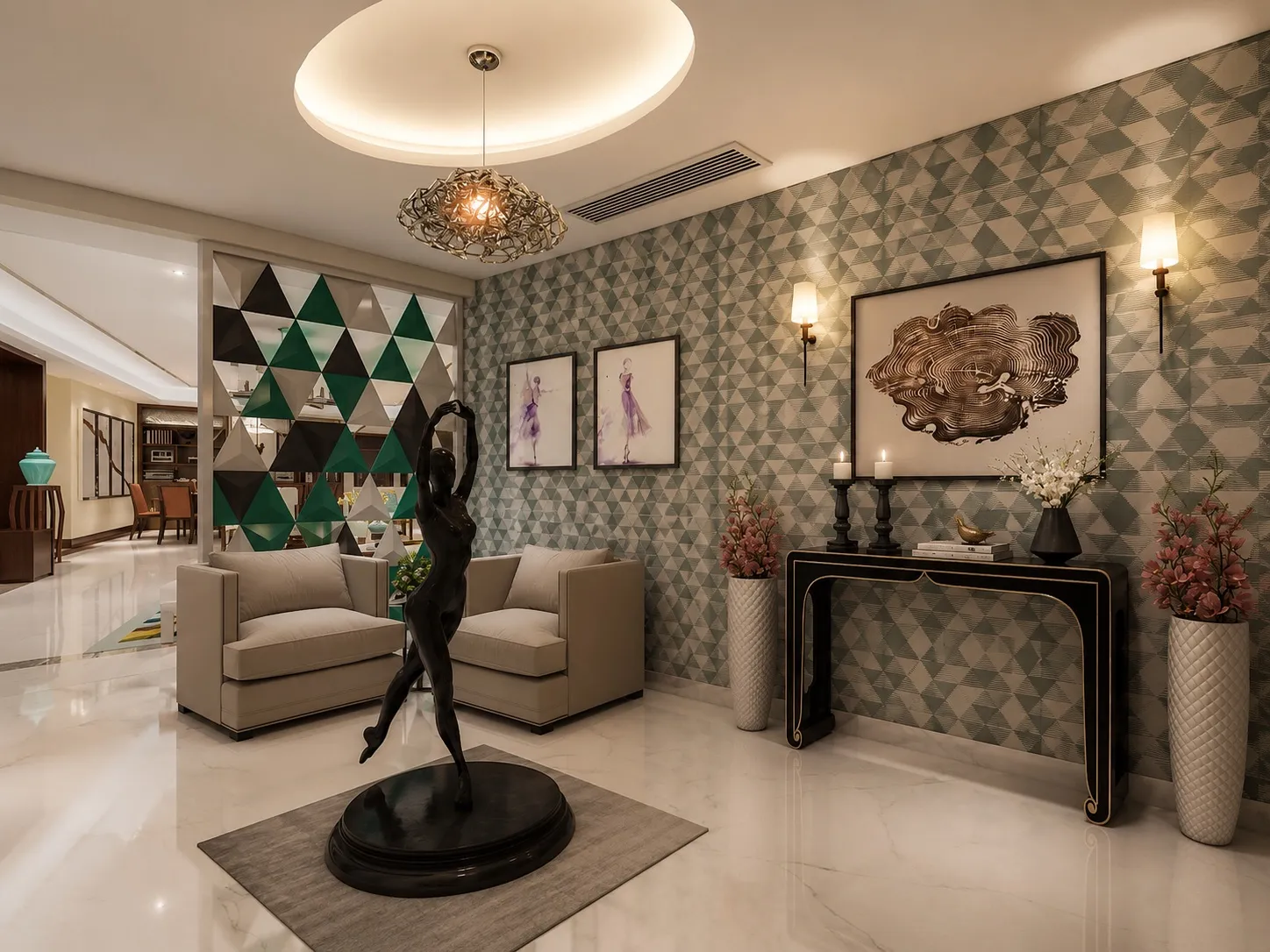 Apartment foyer in Gurugram with a bronze dancer sculpture, a triangular mirrored partition, geometric wallpaper, and a black console