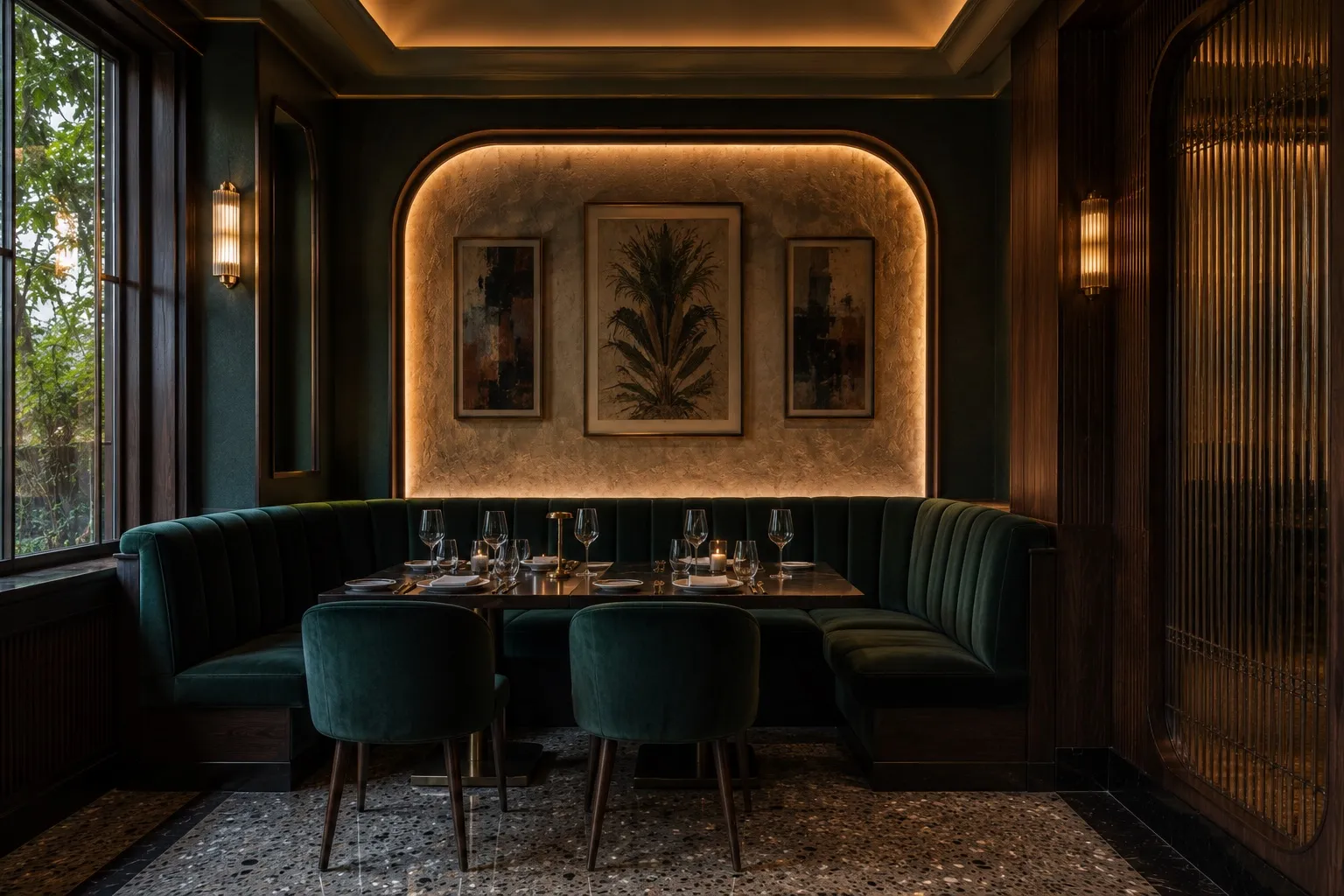 Intimate dining alcove with an emerald velvet banquette in an arched backlit niche hung with botanical and abstract artwork, green velvet chairs, a dark-wood table set with wine glasses, and fluted-wood and glass screens on a terrazzo-and-marble floor