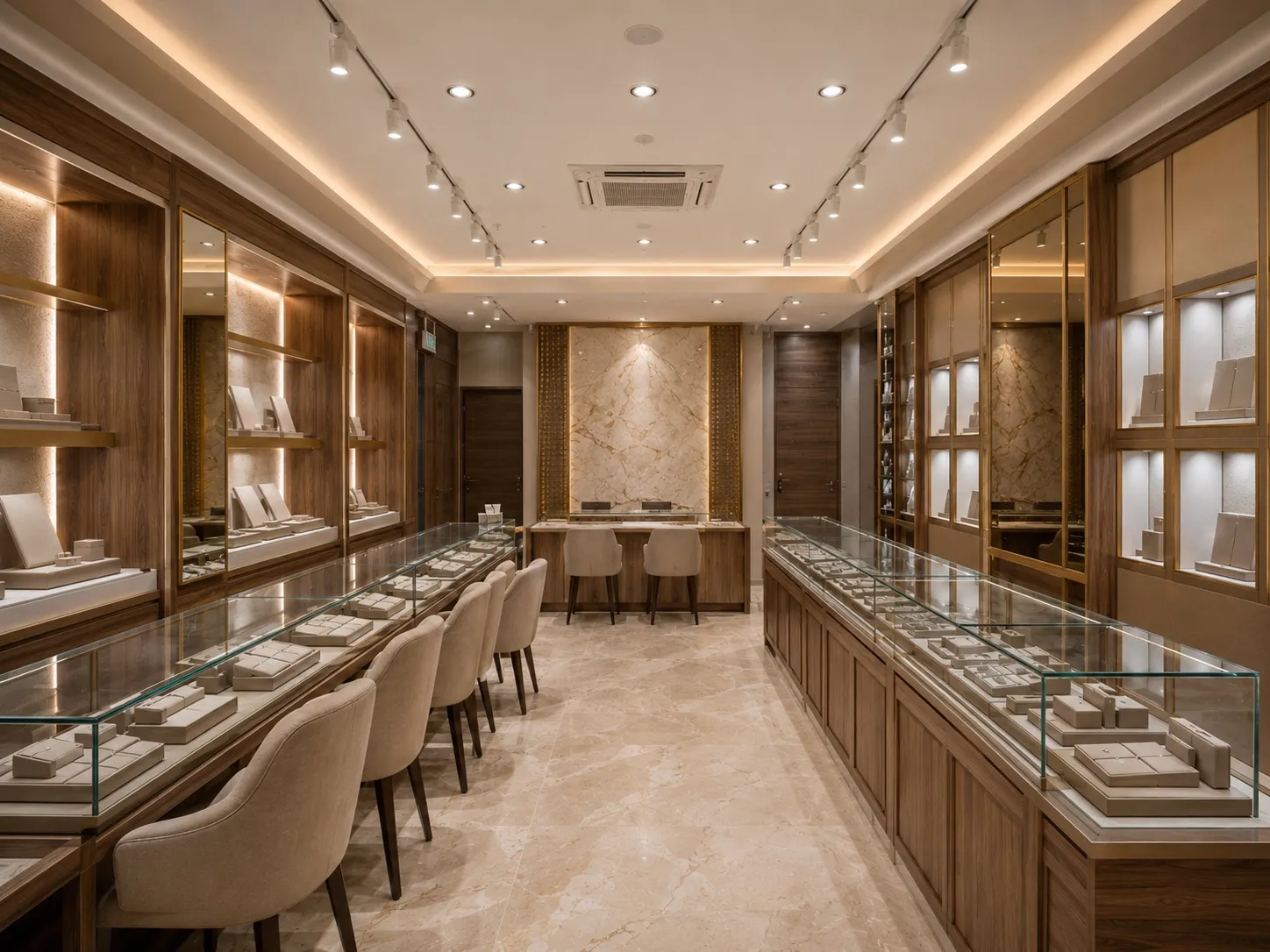 Jewellery showroom main hall with walnut cabinetry, backlit stone display niches, brass-framed glass wall vitrines, a long glass-topped counter with beige upholstered chairs, and a marble feature wall with a gold jali border framed by a consultation counter
