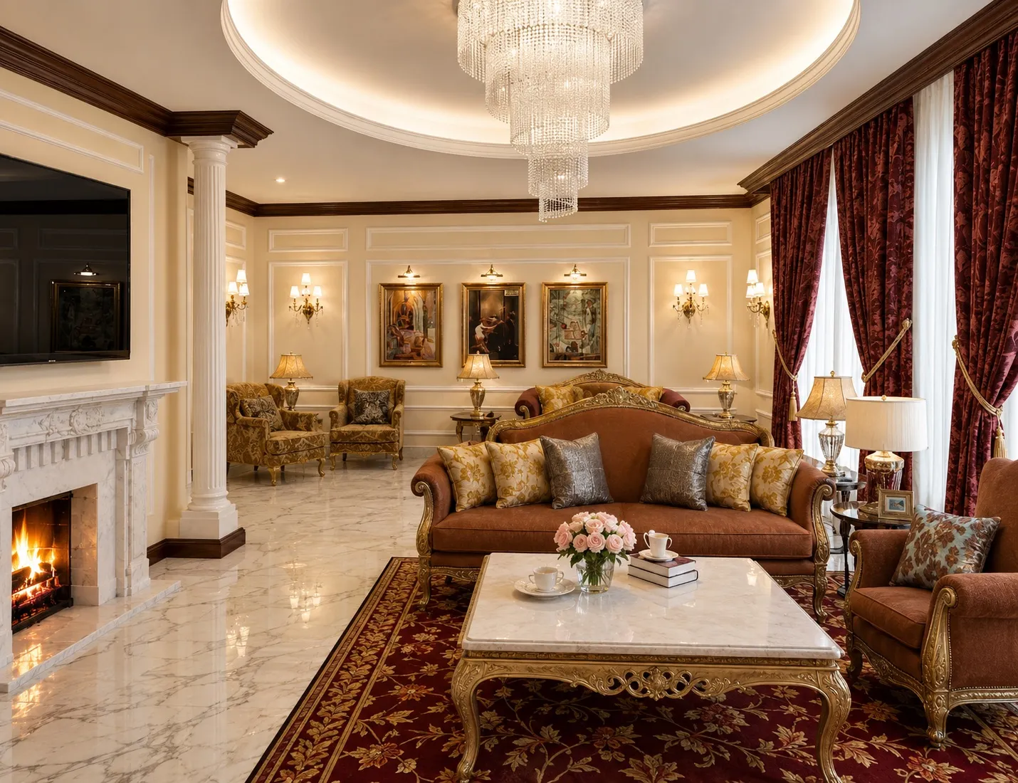 Grand drawing room in a Chhatarpur villa with a crystal chandelier, marble fireplace, gilt-frame sofa, and a deep red patterned rug
