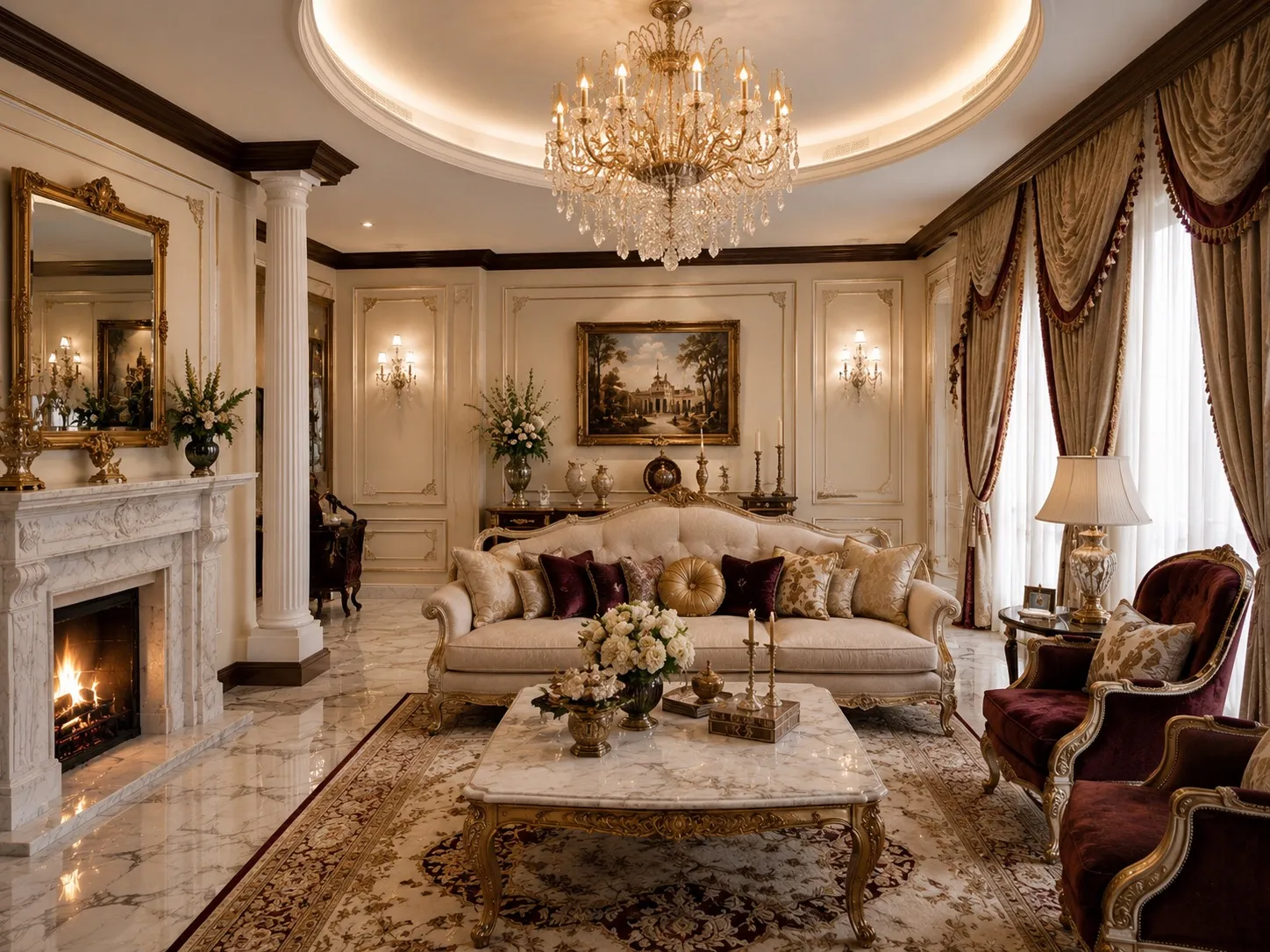 Grand drawing room with a gold crystal chandelier under a domed ceiling, a white marble fireplace, a cream tufted classical sofa with burgundy cushions, burgundy velvet armchairs, and a gilded marble coffee table on a patterned rug