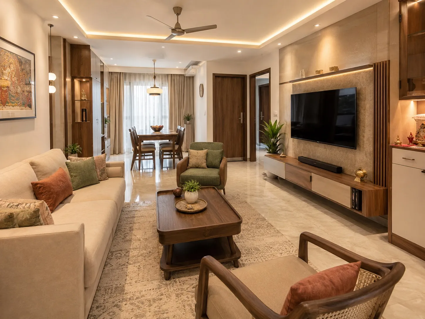 Open living and dining room with a beige three-seater sofa, a green accent armchair, a walnut coffee table, a wall-mounted TV on a stone-clad unit, a Kalamkari painting, and a four-seater dining table by sheer-curtained windows