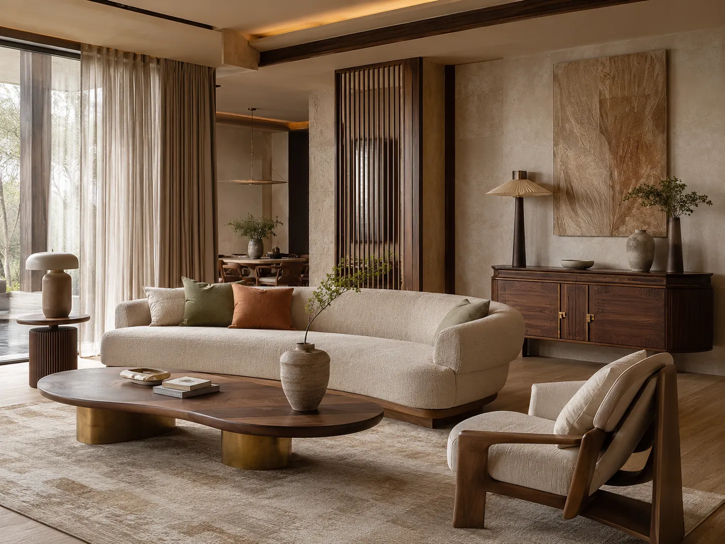 Custom furniture living room with sculpted sofa, timber armchair, and bespoke wood detailing