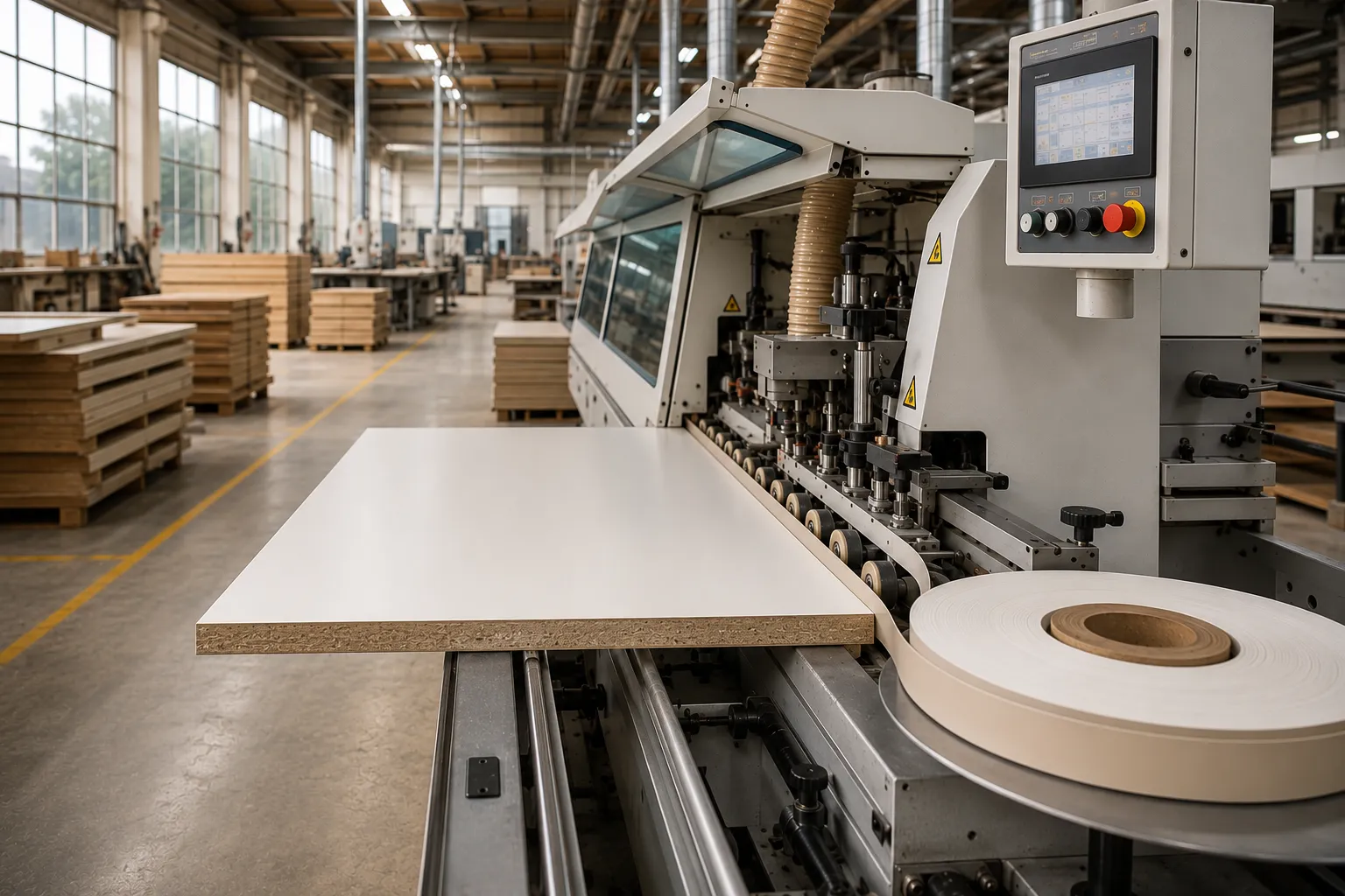Automatic edge banding machine applying an edge strip to a laminated cabinet panel