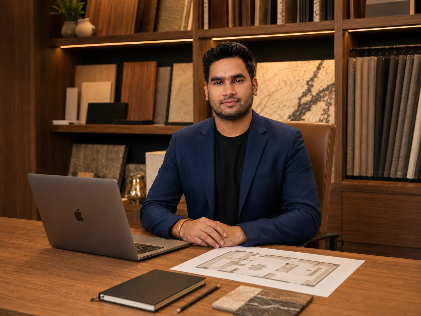 Founder portrait of Eagle Decor seated in a material library studio