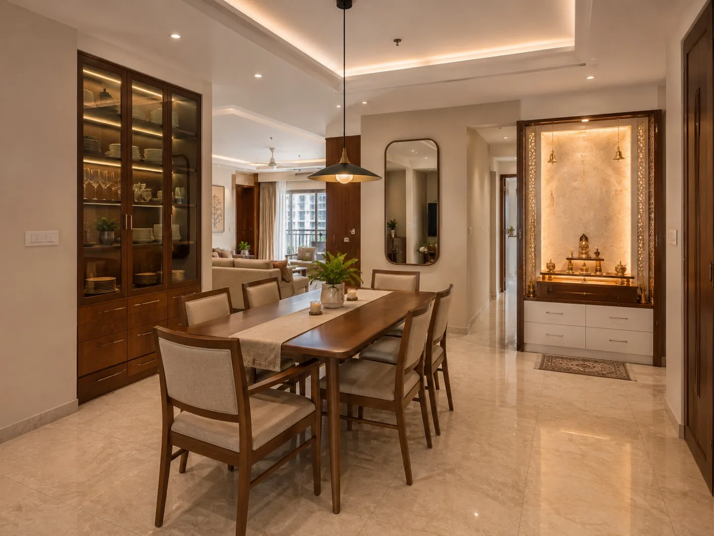 Dining area with a walnut six-seater table and upholstered chairs, a glass-front crockery unit, a pendant light and a mirror, beside a backlit marble pooja niche framed by a carved jali screen