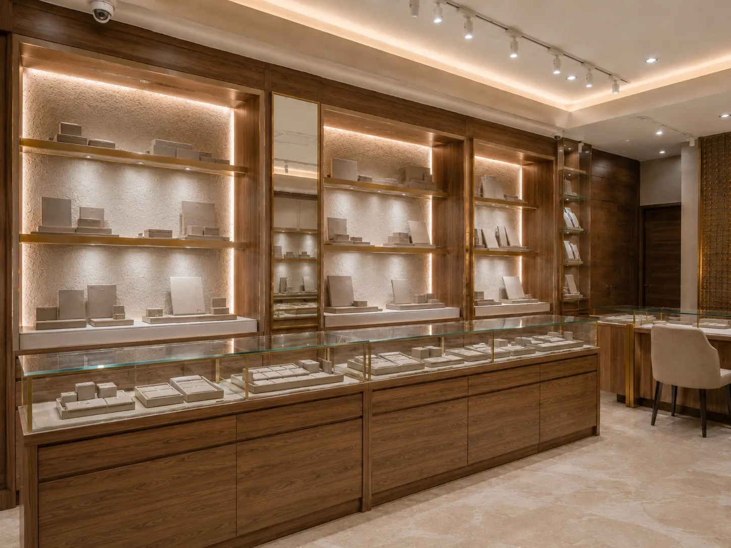 Display wall of walnut cabinetry with backlit textured-stone niches and brushed-brass shelves holding display stands, above a glass-topped showcase counter with velvet trays