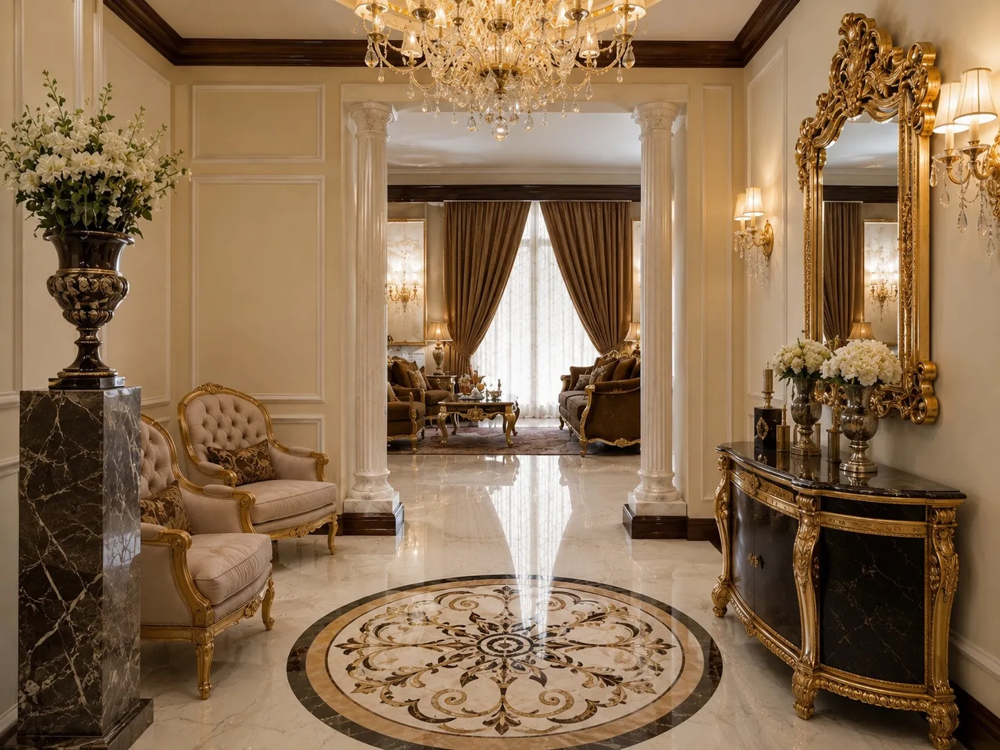 Villa entrance foyer with a circular marble medallion floor inlay, fluted white columns, an ornate gold mirror over a black-and-gold console, and a black marble pedestal with white flowers