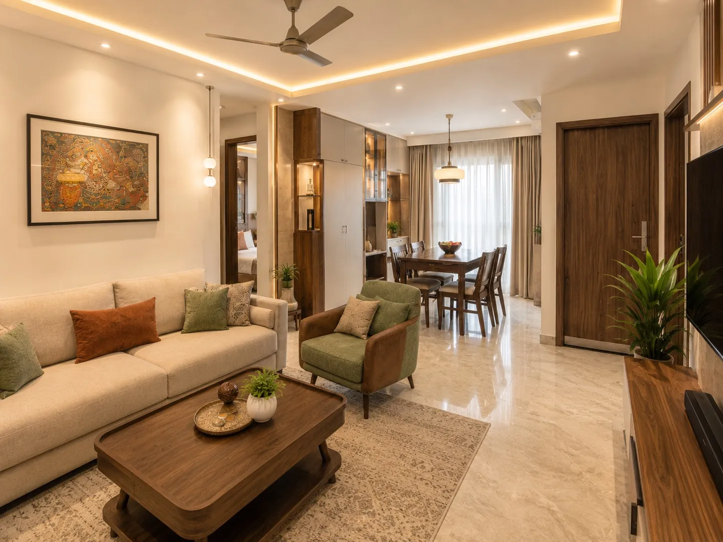 Living and dining area with a beige sofa, a green-and-leather accent armchair, a walnut coffee table, a framed Kalamkari painting, a crockery display unit, and a wooden dining table near the entrance door