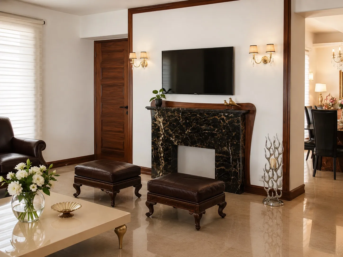 Living room with a black-and-gold marble fireplace framed in walnut, brass wall sconces, and polished marble flooring