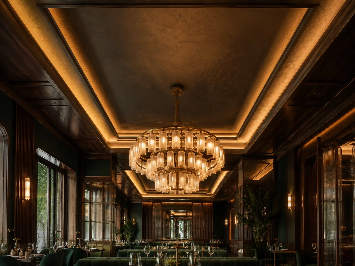 Main dining hall with a large tiered fluted-glass and brass chandelier, emerald velvet banquettes and chairs, walnut panelling, fluted-glass screens, potted palms and warm cove lighting