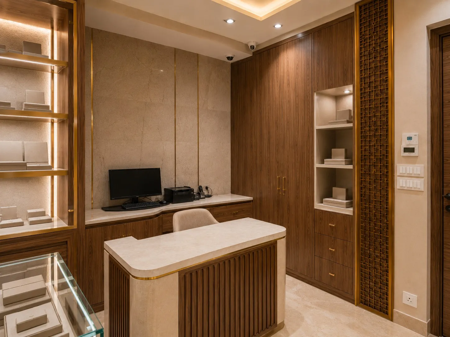 Staff billing station with a cream-marble reeded-front desk, a computer and printer, tall walnut storage cupboards, a backlit display niche, and a decorative brass jali panel