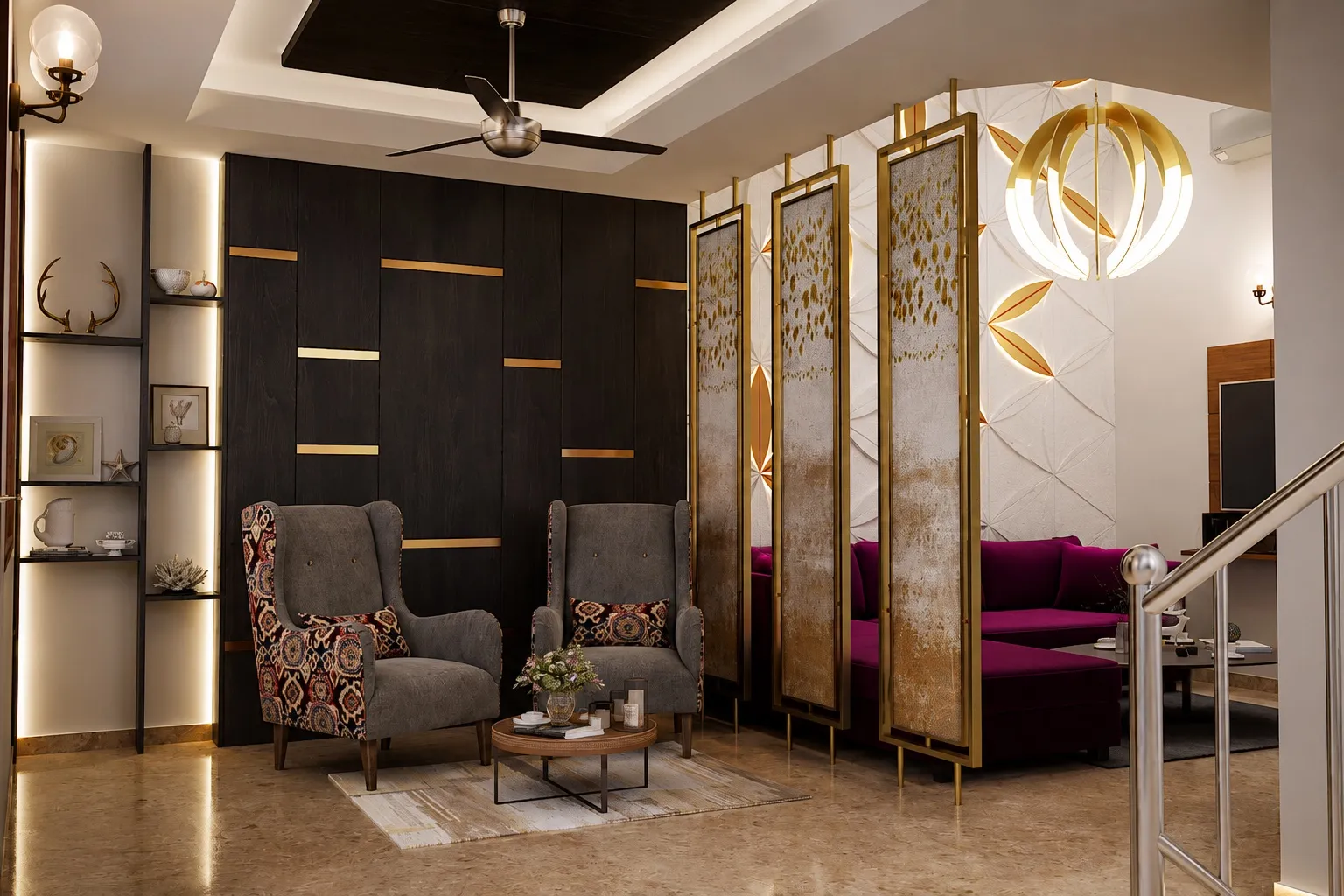 Family lounge with dark wood and gold-inlay wall panelling, grey patterned wingback chairs, and brass-framed decorative screens
