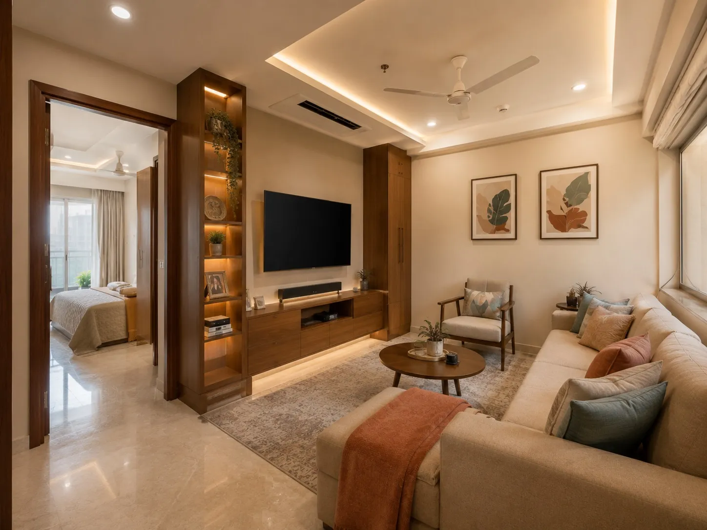 Family lounge with a beige sofa, a cushioned accent chair, a walnut TV unit with backlit open shelves, botanical wall art, and a view through to a bedroom