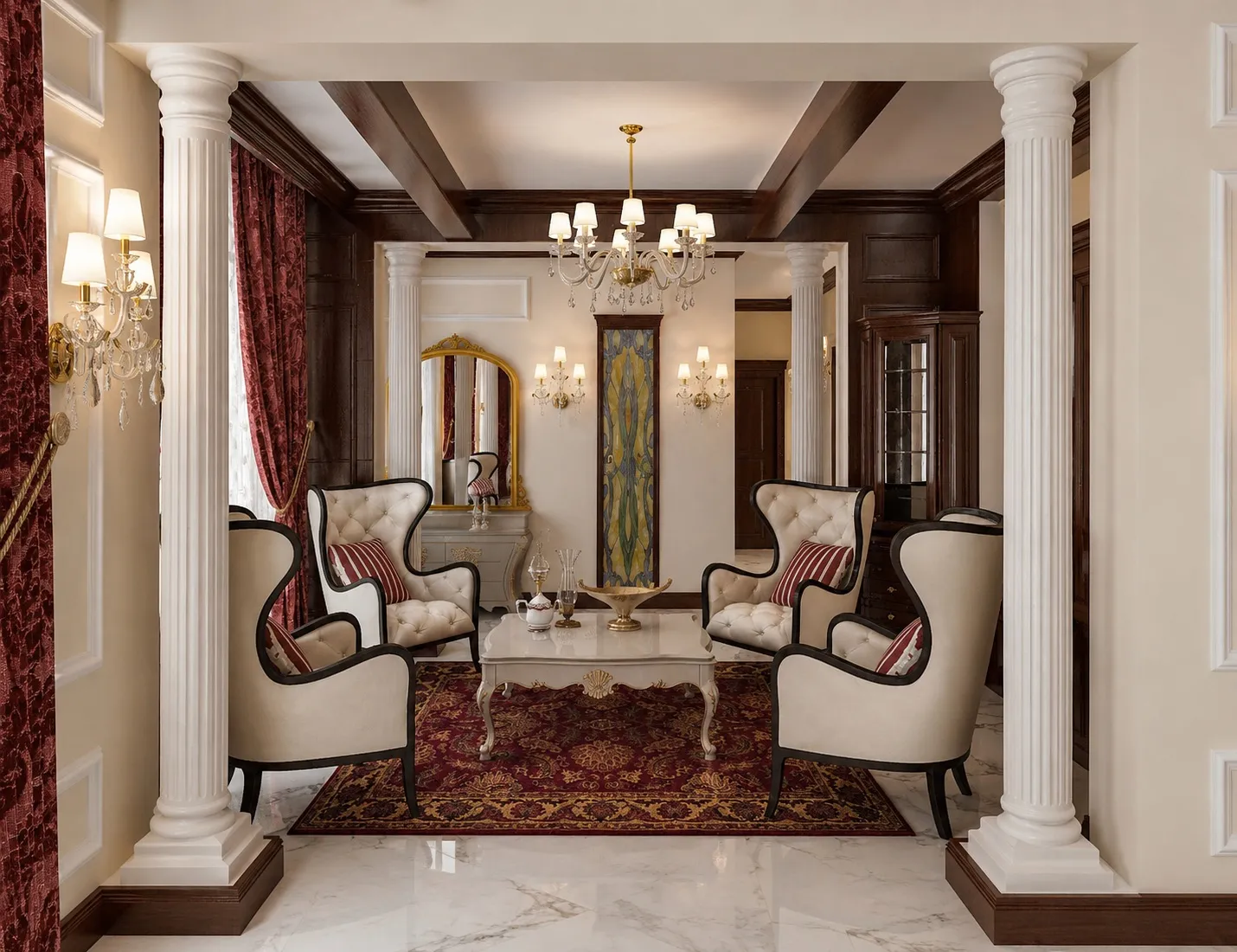 Formal sitting room with two pairs of cream tufted wingback chairs, fluted columns, and a coffered dark-wood ceiling