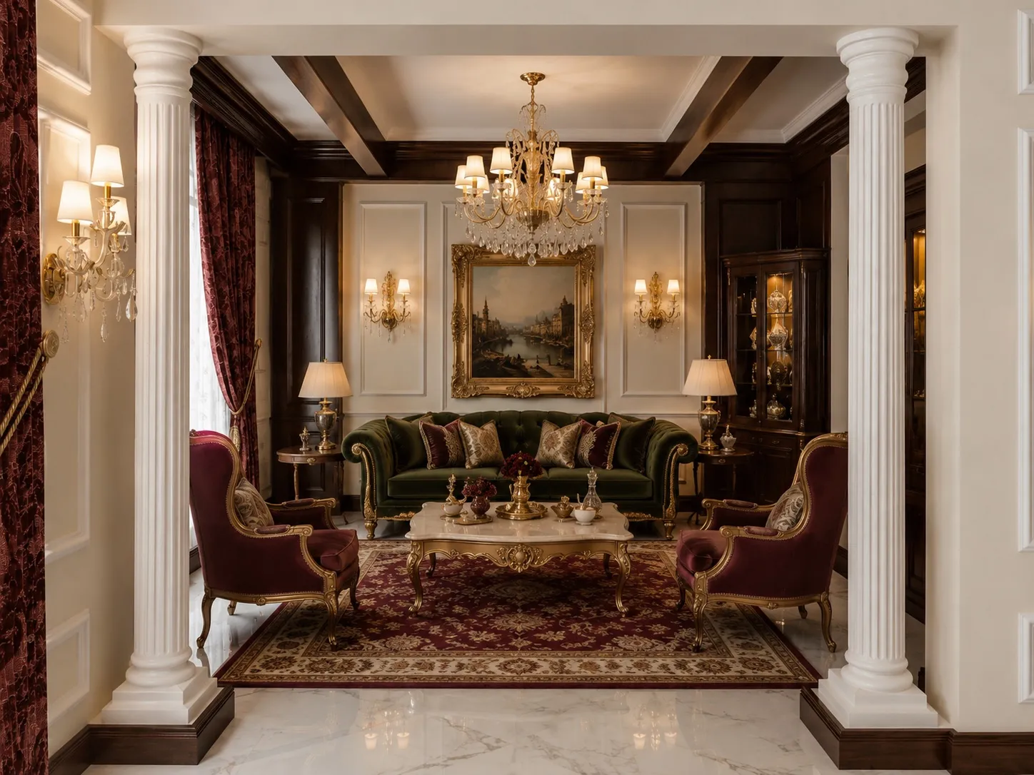 Formal sitting room framed by fluted white columns, with a dark-green velvet chesterfield sofa, two burgundy velvet armchairs, a gilded marble coffee table, and a large framed landscape painting