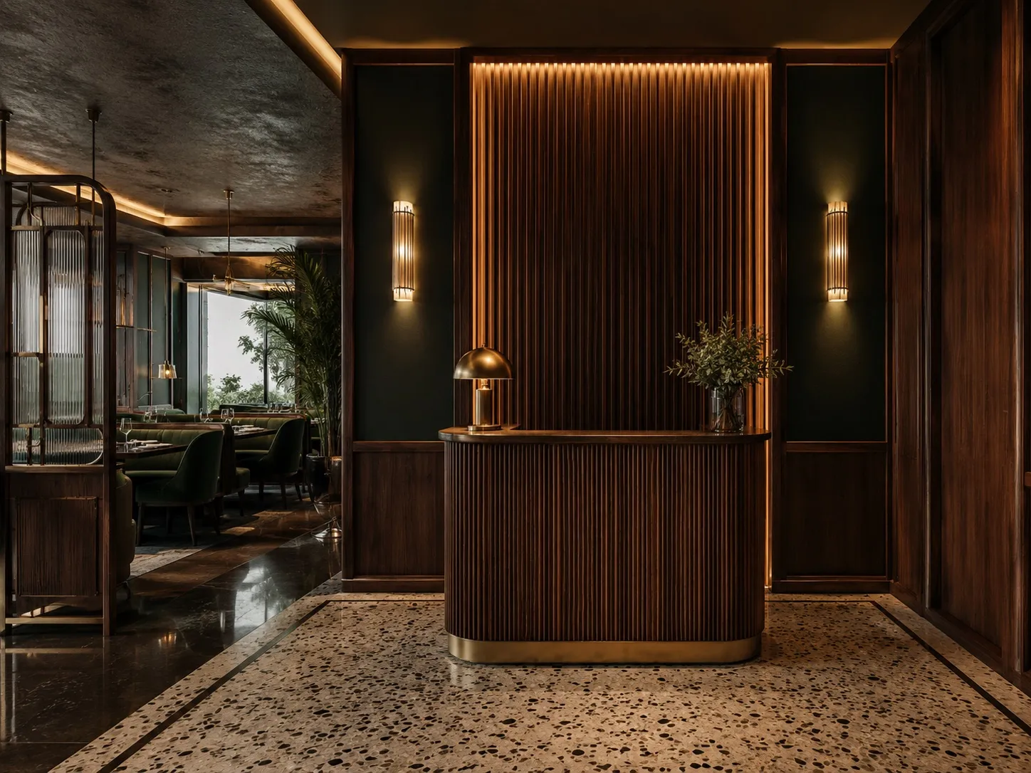 Host stand in reeded walnut with a brass base and a brass dome lamp, a backlit fluted-wood feature wall, brass wall sconces on deep-green walls, and a terrazzo floor with the dining room beyond