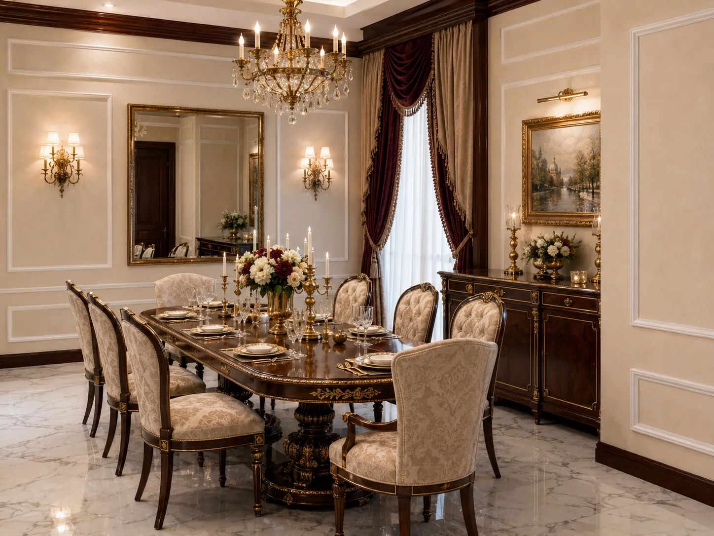 Formal dining room set for eight with a dark-wood table, cream damask chairs, a gold chandelier, a large gilt mirror, and a walnut sideboard