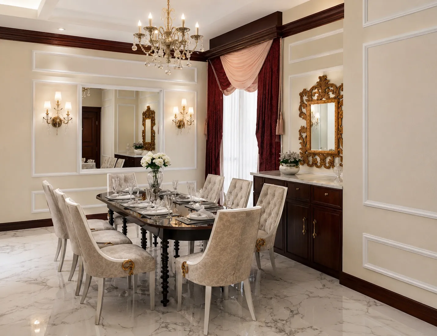 Eight-seater dining room with tufted upholstered chairs, a crystal chandelier, a baroque gold mirror, and a walnut sideboard
