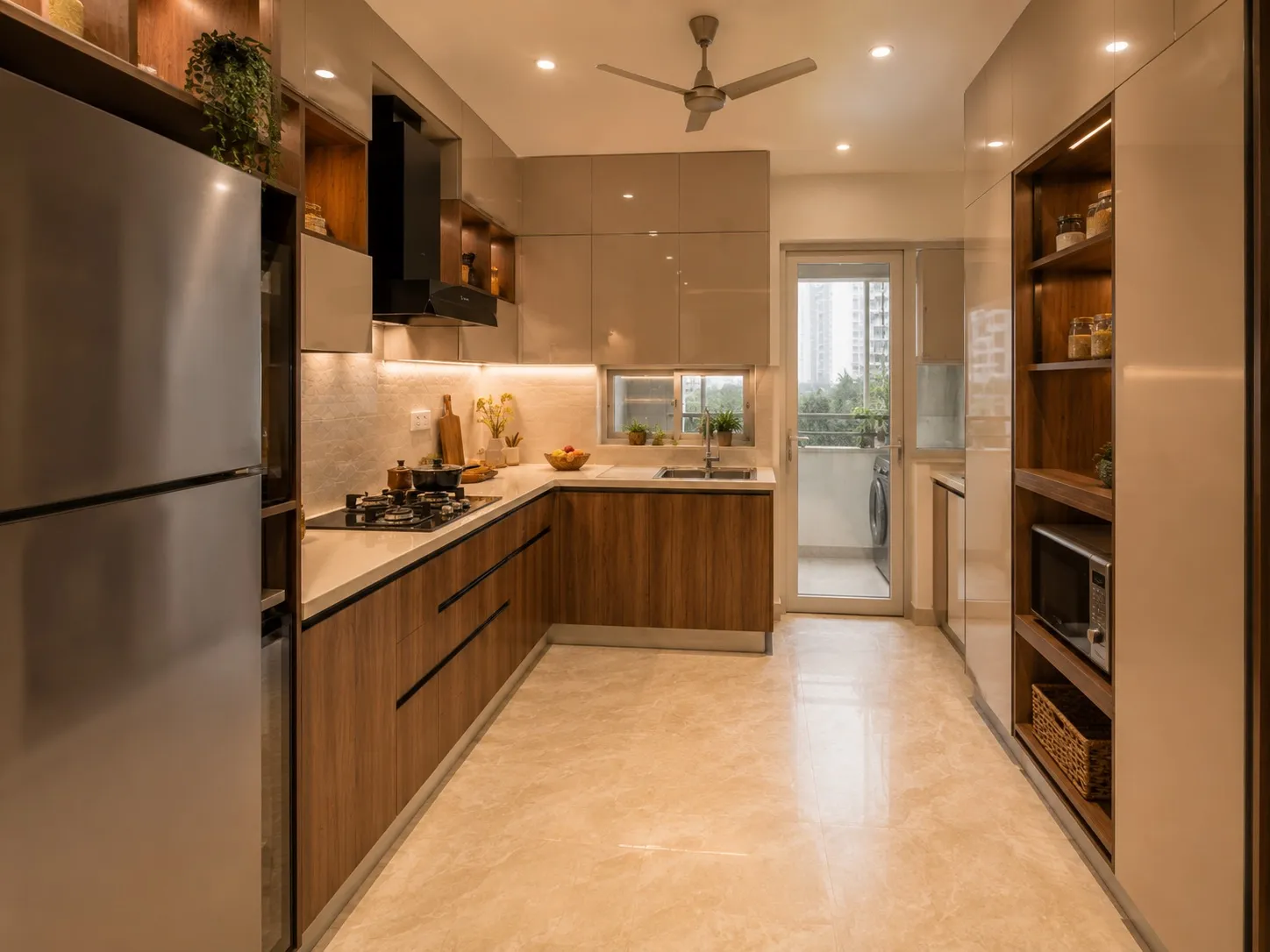 L-shaped modular kitchen with walnut and glossy cream cabinets, a quartz counter, a black chimney over a gas hob, tall units with a built-in microwave, and a glazed door to a utility balcony