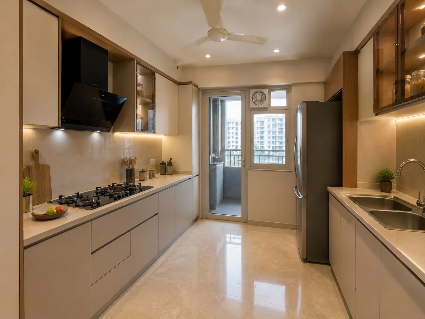 Parallel modular kitchen in cream with wood trims, a quartz counter, a black chimney over a gas hob, a double sink, a tall fridge unit, and a glazed door to a utility balcony