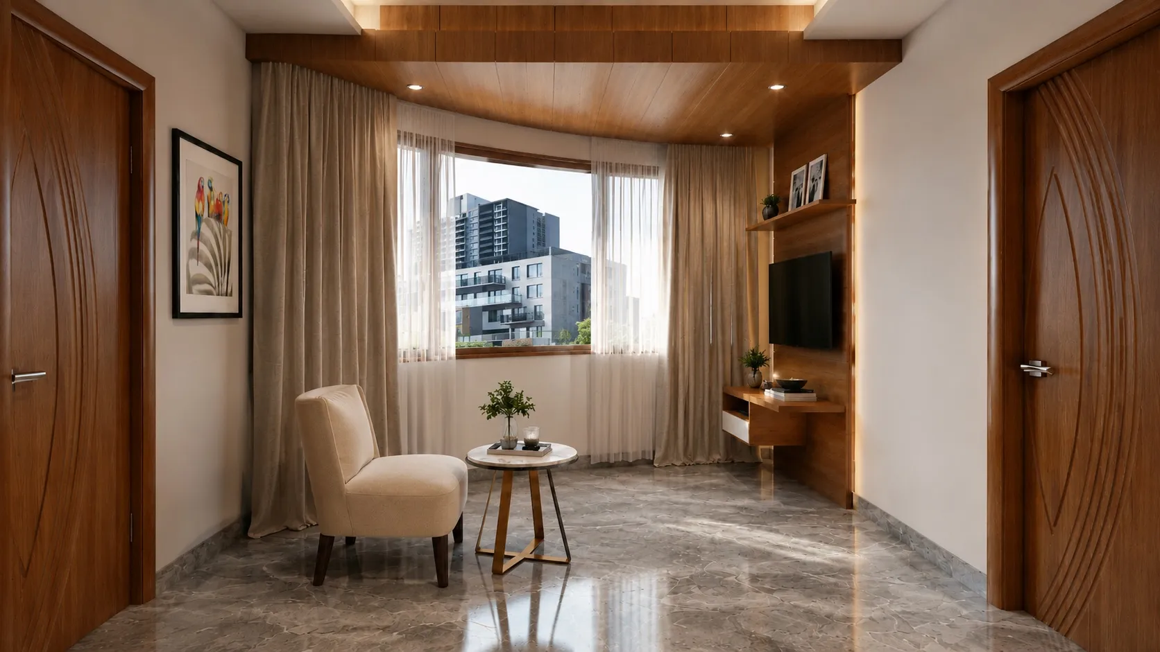 Sitting area with a warm teak slat ceiling, a curved bay window with sheer drapes, a cream accent chair, and a wall-mounted TV unit