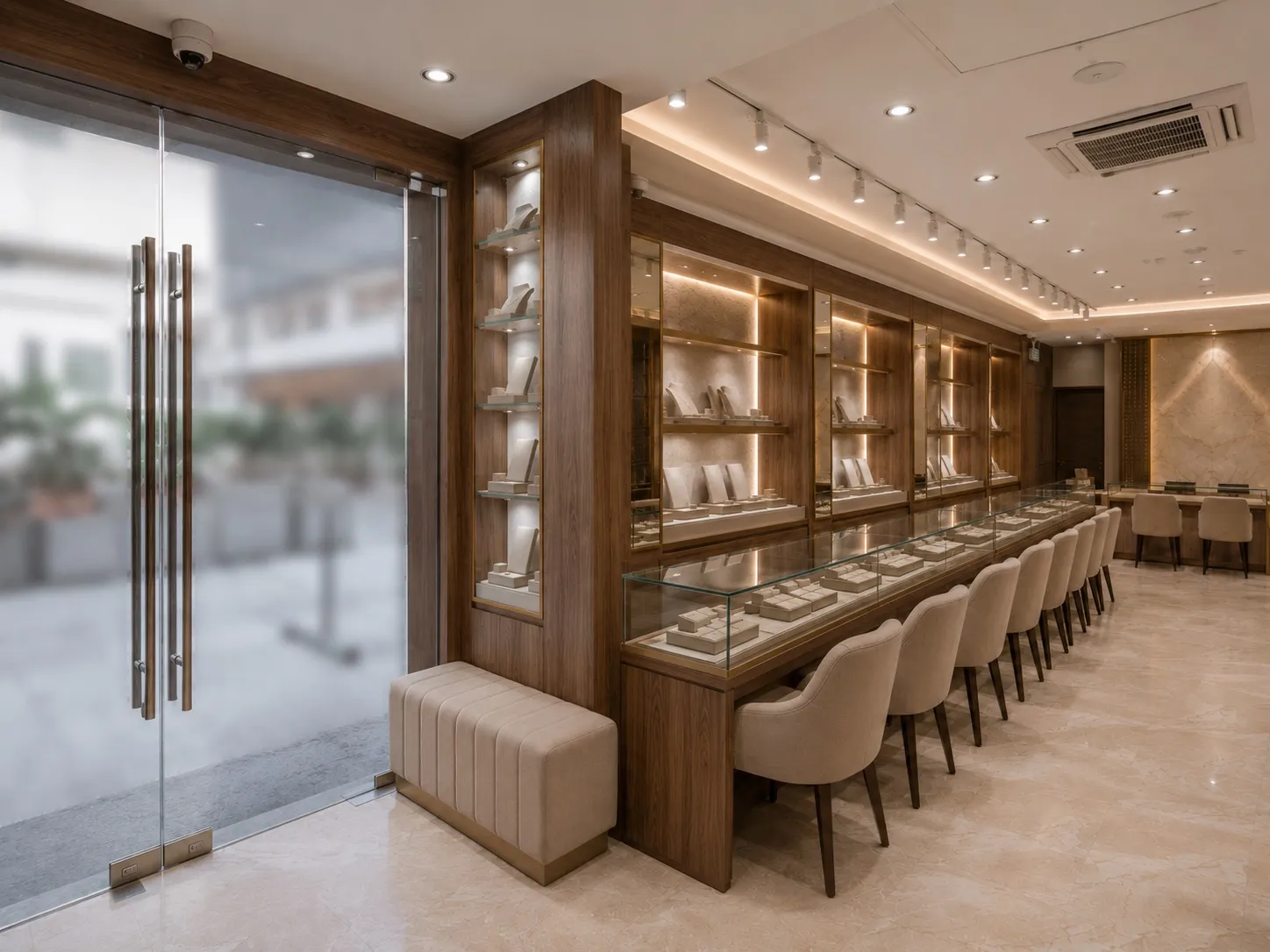 Long glass-topped display counter running along the glazed shopfront with a row of beige upholstered chairs, a walnut column with a slim lit vitrine and an upholstered bench, and brass-framed wall vitrines