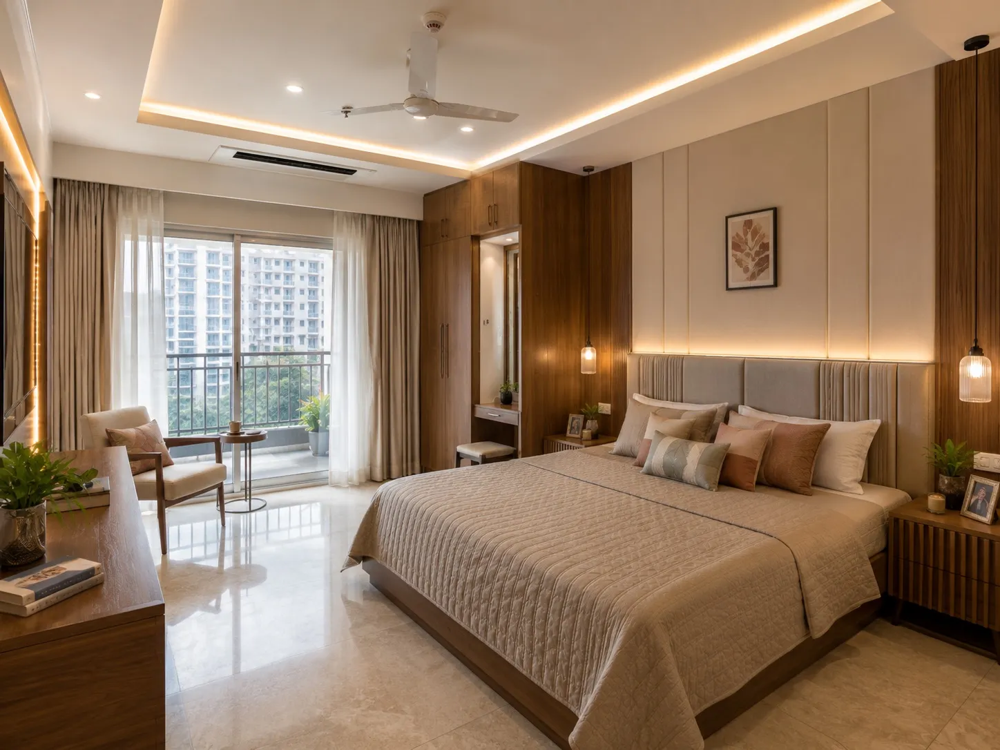 Master bedroom with an upholstered headboard, a walnut-panelled wall, pendant bedside lights, a full-height wardrobe with a dressing nook, a lounge chair, and balcony access with a city view