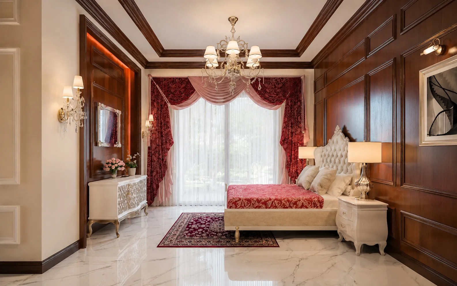 Master bedroom with walnut wall panelling, a tufted upholstered headboard, red and pink drapery, and a crystal chandelier