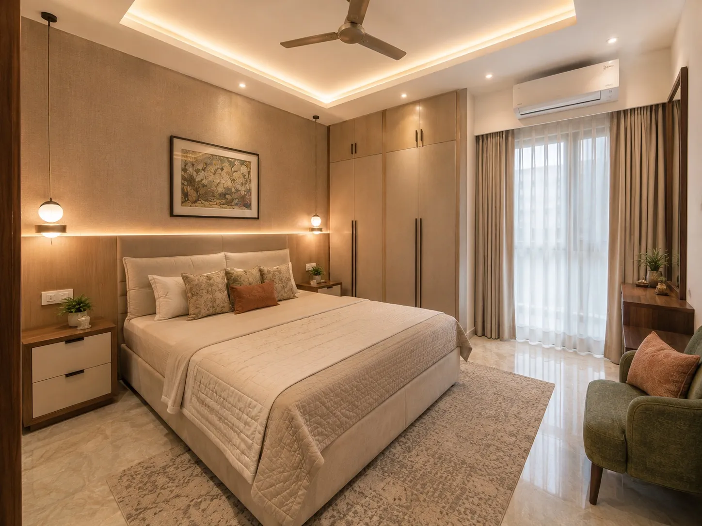 Master bedroom with an upholstered bed and headboard, a textured beige accent wall, pendant bedside lights, a full-height wardrobe, a green accent armchair, and sheer-curtained windows