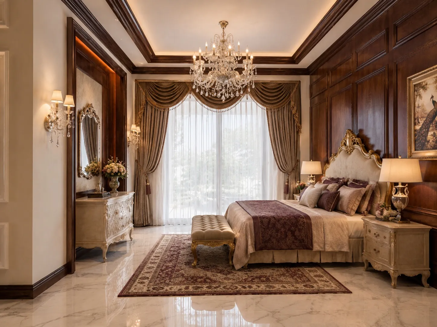 Master bedroom with dark walnut wall panelling, a carved cream-and-gold headboard, layered bedding with a burgundy runner, a crystal chandelier, and a tufted bench on a patterned rug