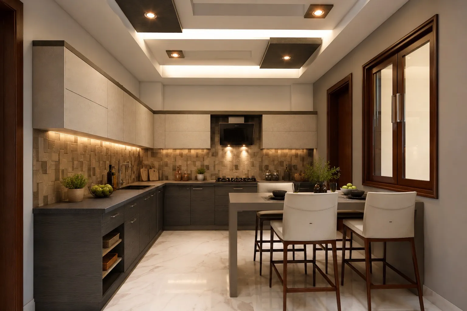 L-shaped modular kitchen with grey woodgrain cabinetry, a textured stone-block backsplash, under-cabinet lighting, and a breakfast bar