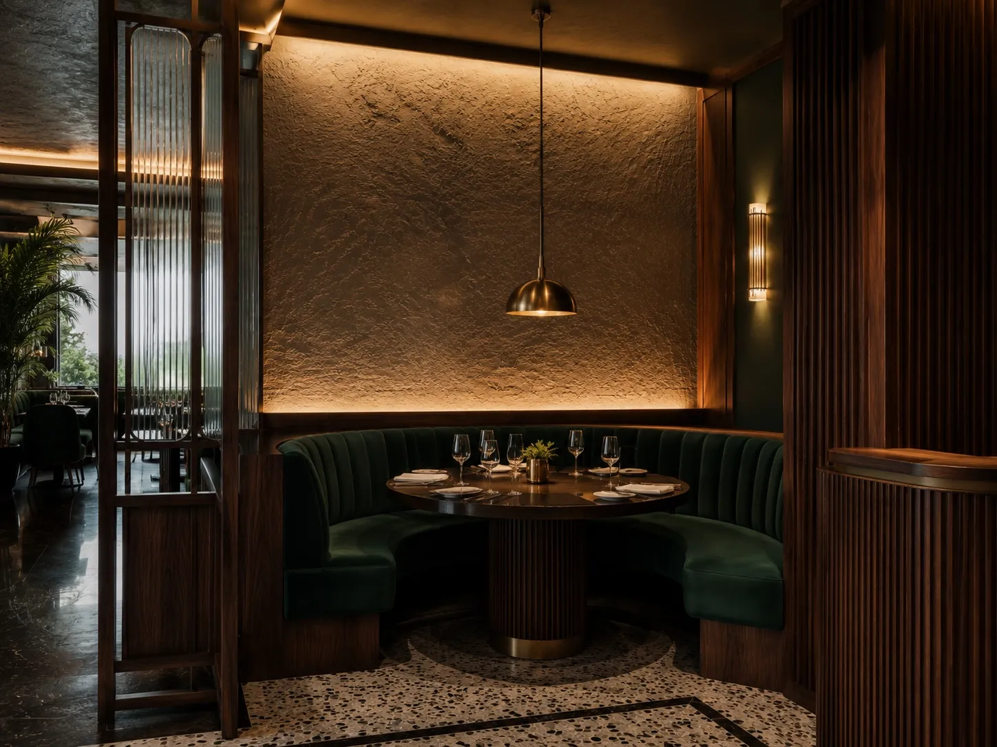 Rounded corner booth with a curved emerald velvet banquette around a circular wood table, a backlit textured-plaster wall, a brass dome pendant, and fluted-glass and wood screens on a terrazzo floor