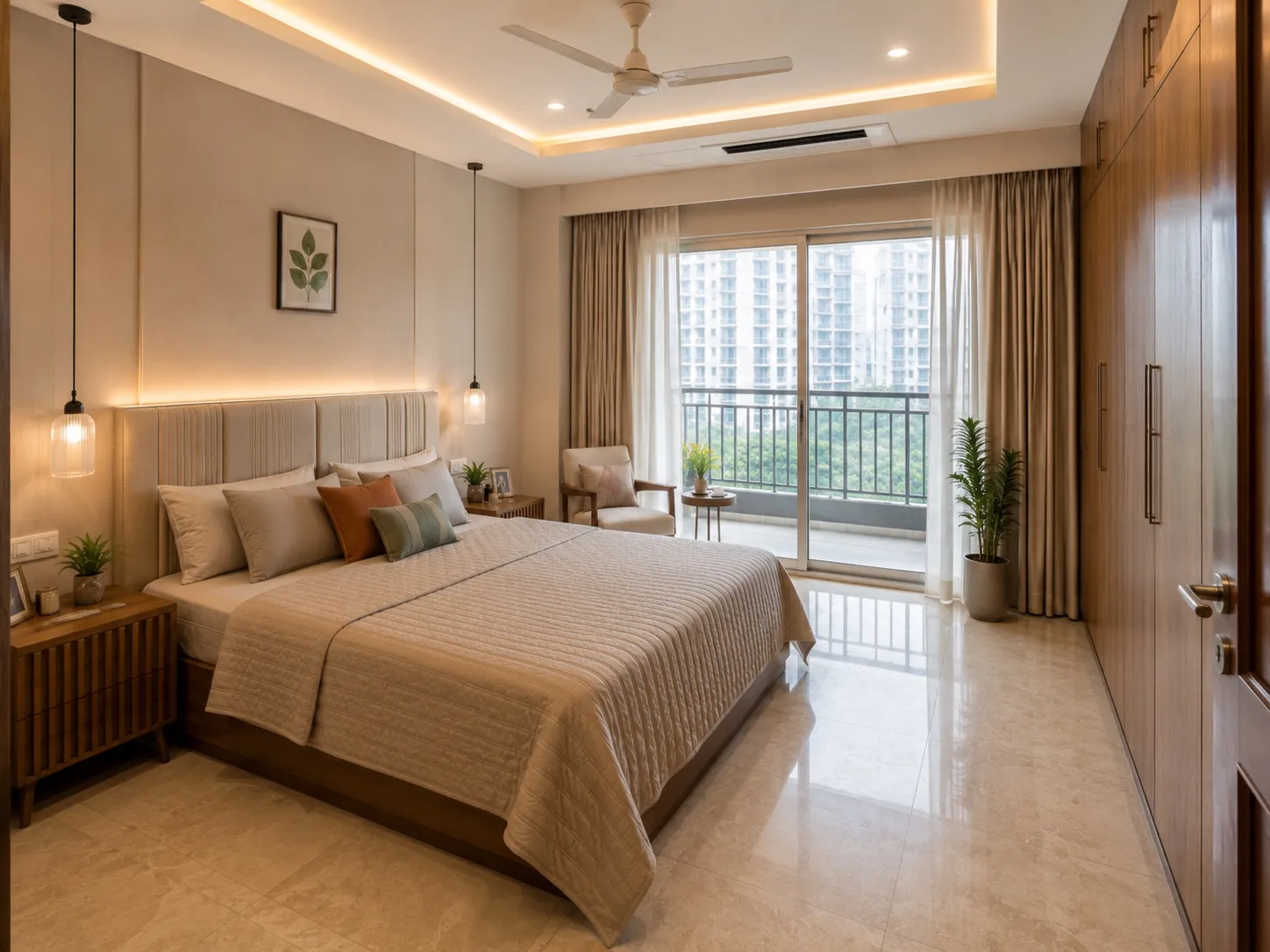 Guest bedroom with an upholstered headboard, twin pendant bedside lights, a full-height walnut wardrobe, an accent chair, and sheer-curtained balcony windows
