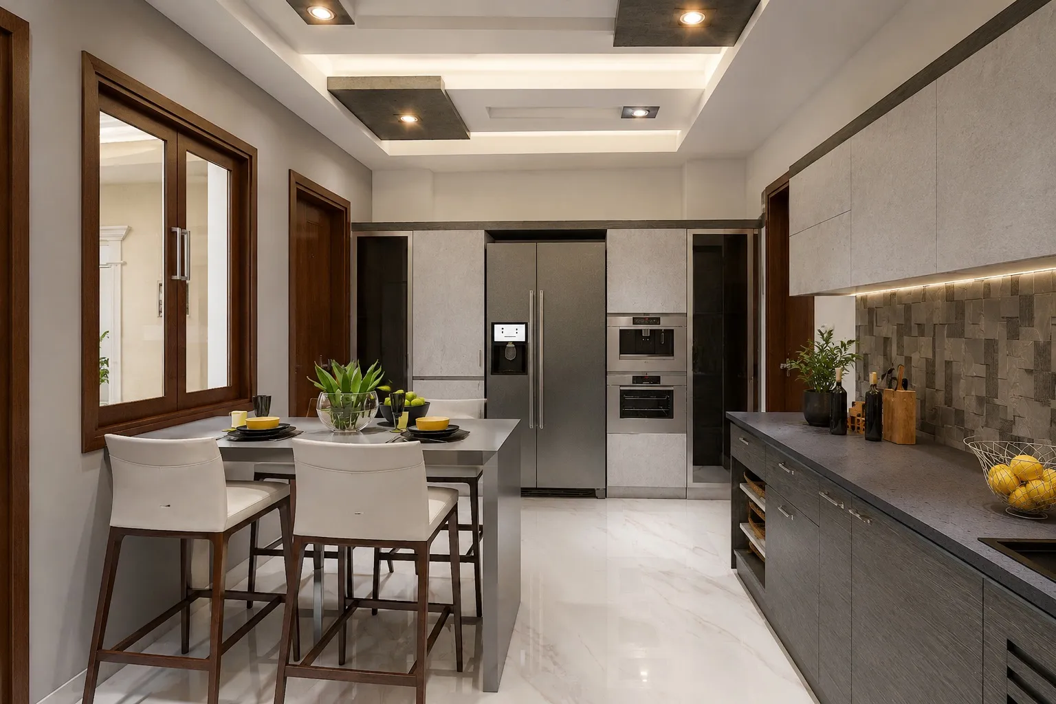 Modular kitchen island view with stainless-steel built-in appliances, grey cabinetry, a stone backsplash, and a marble floor