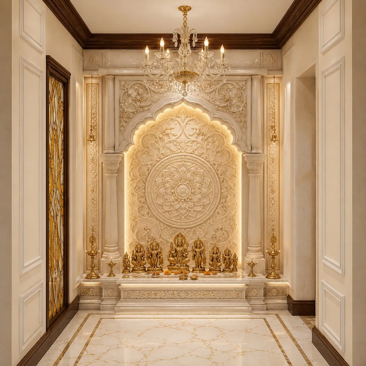 Pooja room with a hand-carved backlit white-marble niche, fluted marble pillars, gold deity idols and brass oil lamps on a marble platform, and a stained-glass door