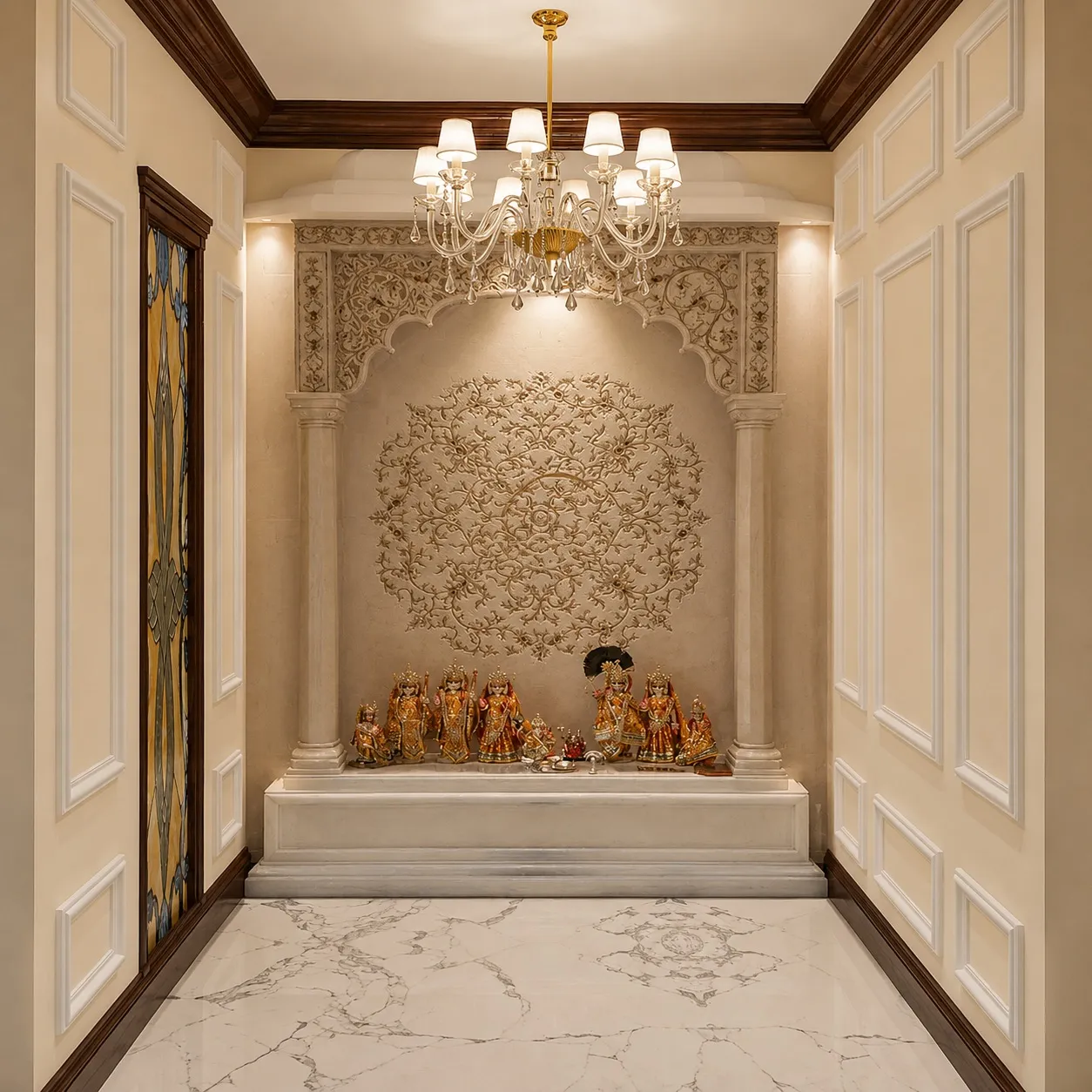 Pooja room with a hand-carved marble arched niche, fluted pillars, a stained-glass door, and a crystal chandelier