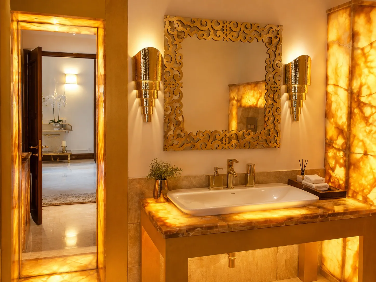Guest powder room with backlit golden onyx panels, an ornate gilded mirror, and a stone-topped vanity