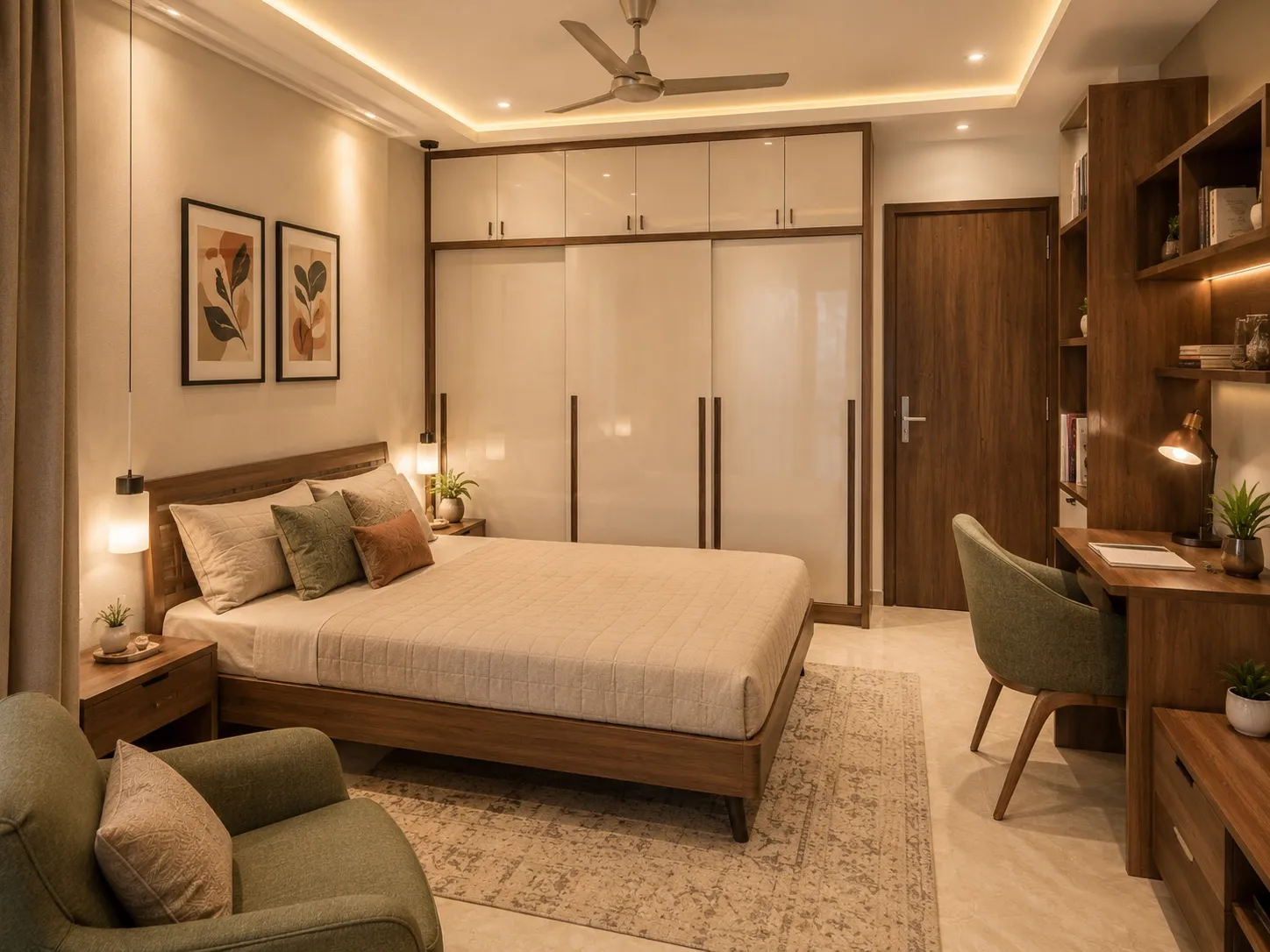 Second bedroom with a walnut platform bed, a glossy cream sliding-door wardrobe, a study desk with a green chair, open bookshelves, and botanical wall art