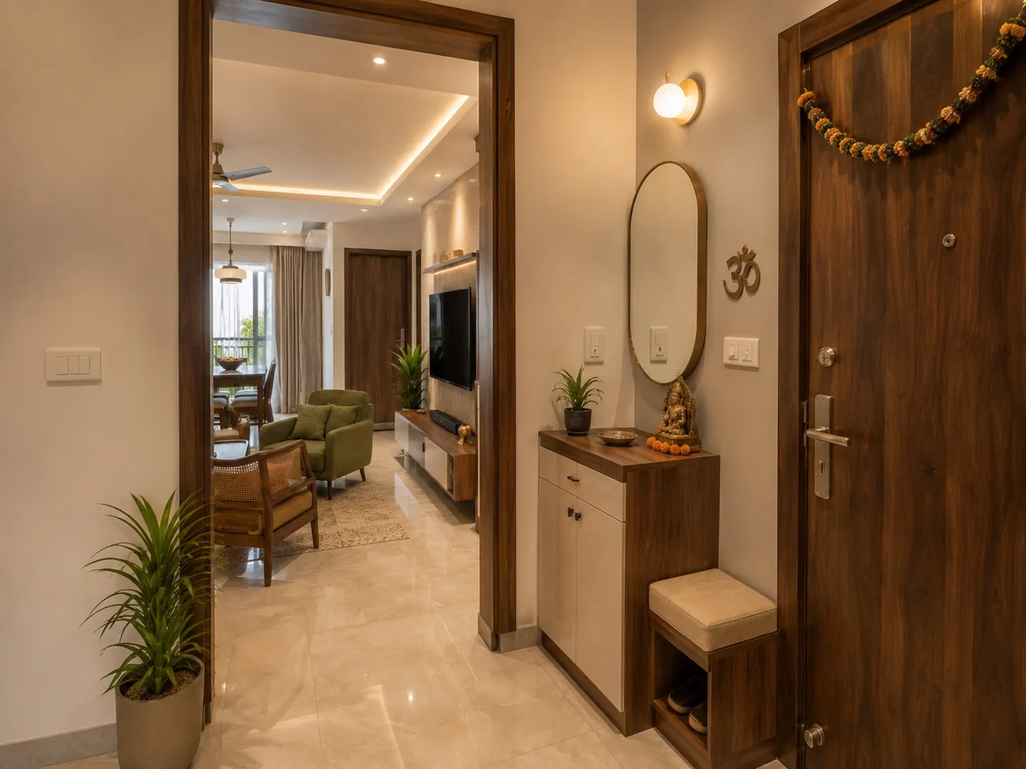 Entrance foyer with a walnut door dressed in a marigold garland, a shoe cabinet with a cushioned bench, a round mirror, an Om accent, and a view through to the living room
