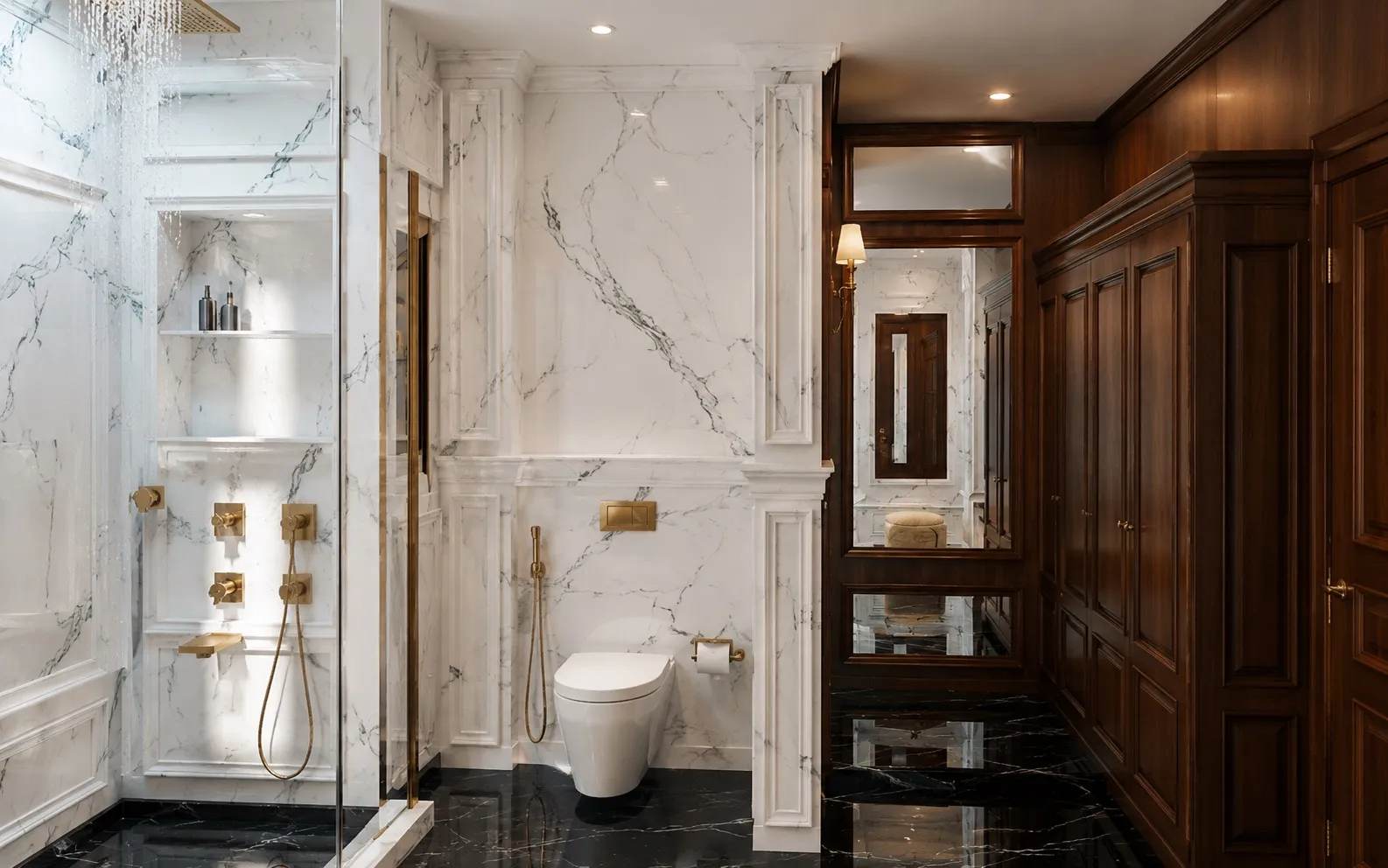 Master bathroom in white Statuario marble with a black marble floor, a walk-in rain shower, brass fixtures, and walnut joinery
